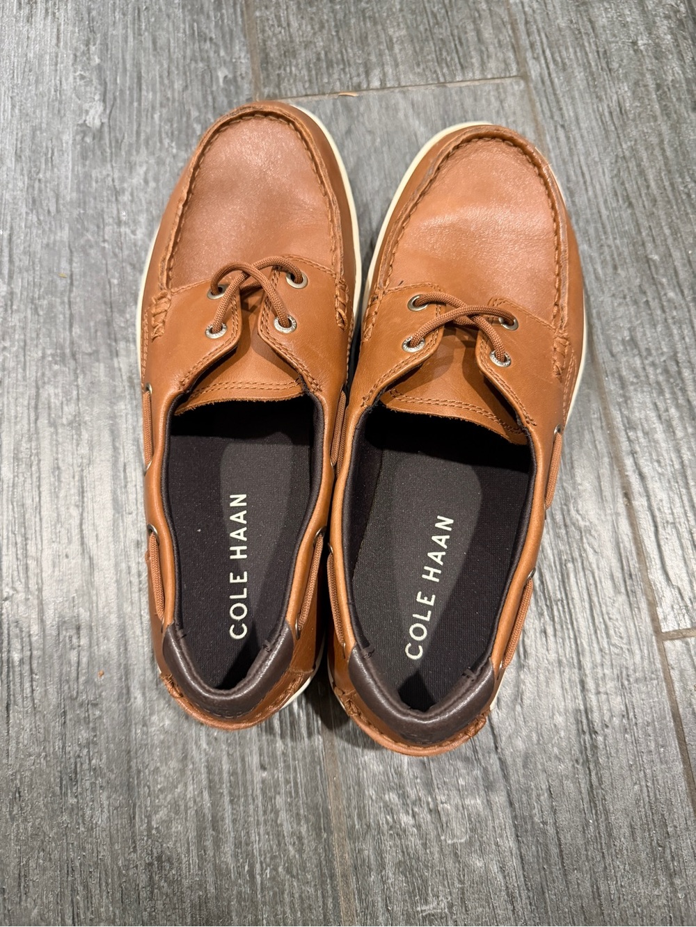 Cole Haan Men’s Brown Leather Boat Shoes with White Sole
